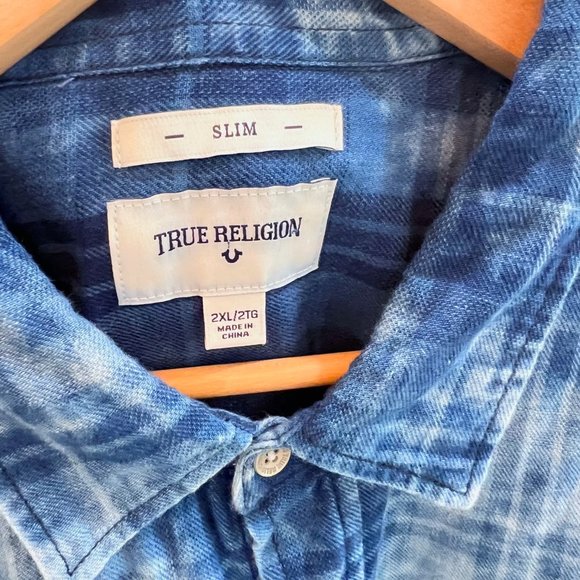 True Religion Tie Dye Blue Plaid Short Sleeve Button Up Shirt - Picture 3 of 4